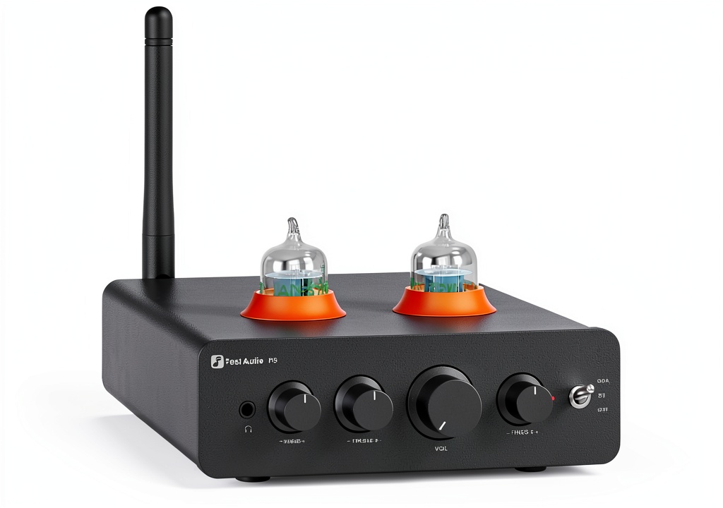Fosi Audio P3 Tube Preamplifier Bluetooth 5.1 on a wooden desk beside a laptop and headphones