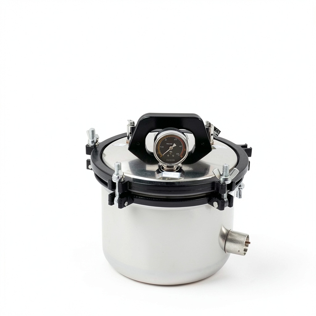 OLKKEFT autoclave steam sterilizer showing stainless steel construction and lid handle