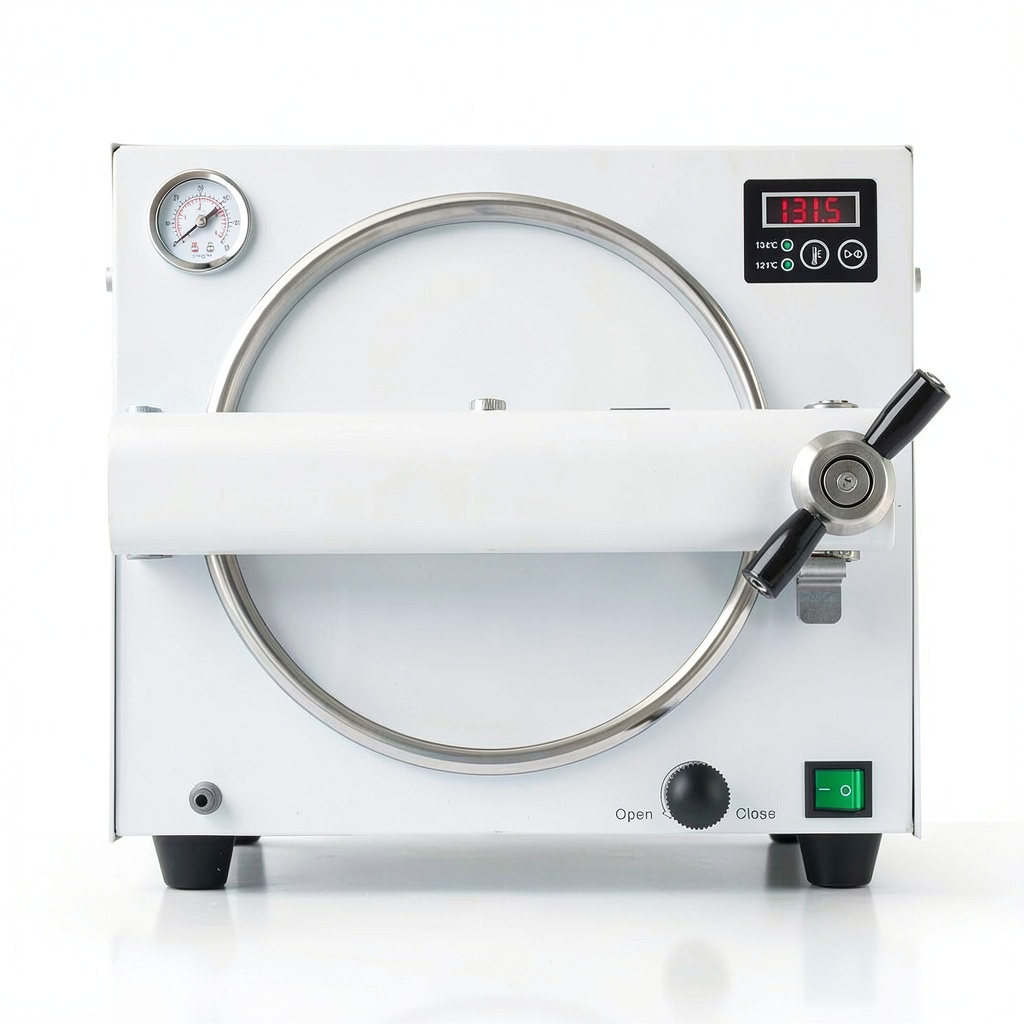 AQIBAO autoclave displaying stainless steel chamber and LED interface